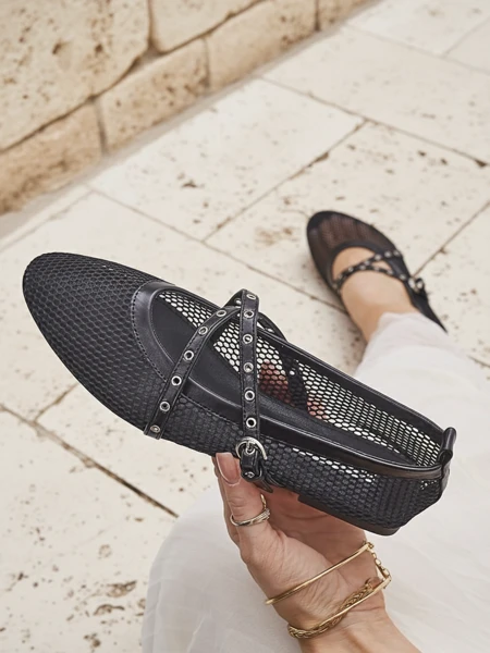 Balerinke Royalfashion Arethusa Nero iz mrežice s plosko peto