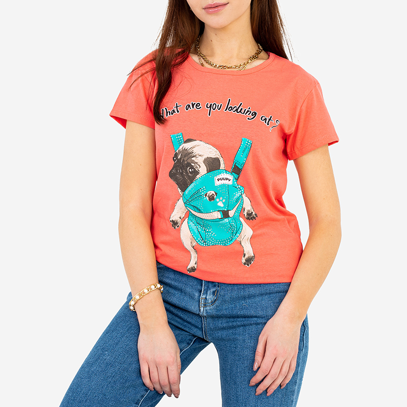 Dámske koralové tričko s farebnou potlačou - Oblečenie