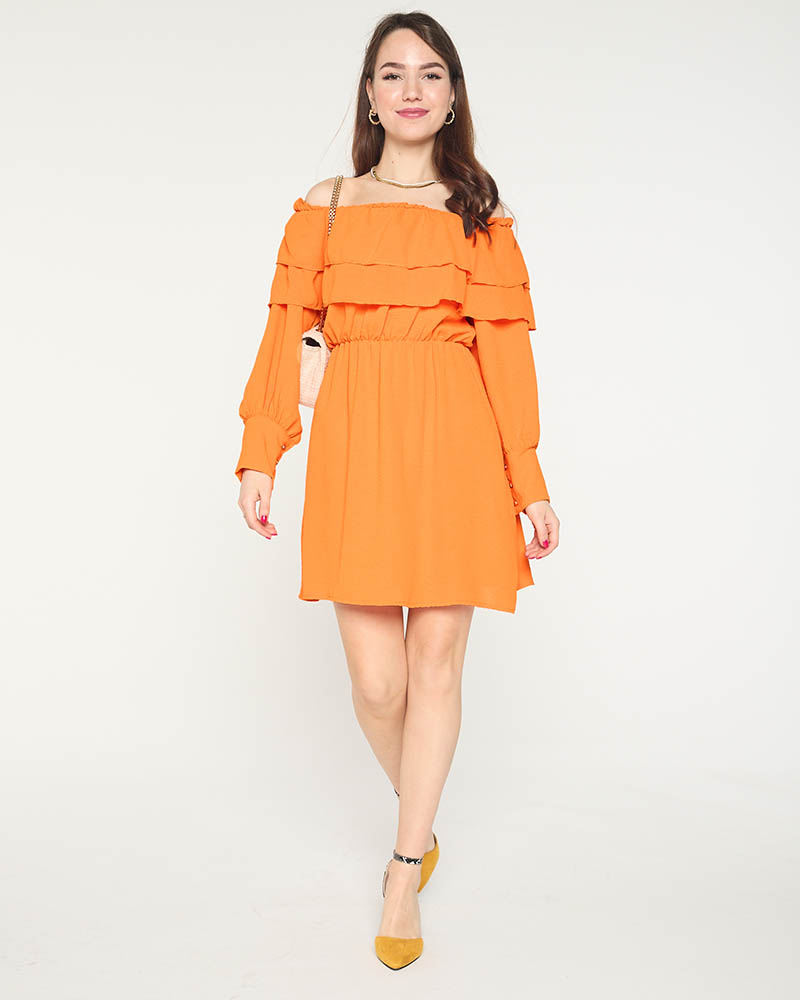 Dámske oranžové krátke šaty s volánikmi- oblečenie