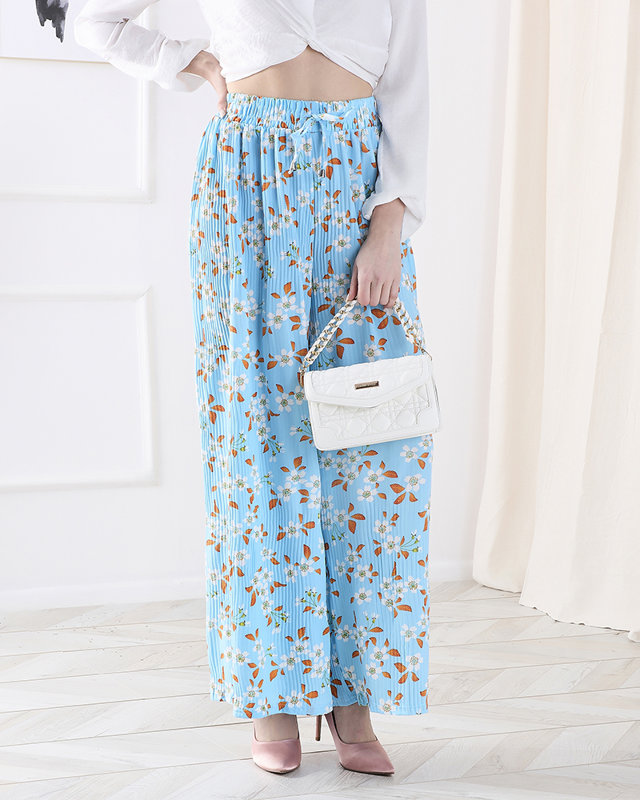 Modré dámske nohavice z kvetinovej látky - Oblečenie