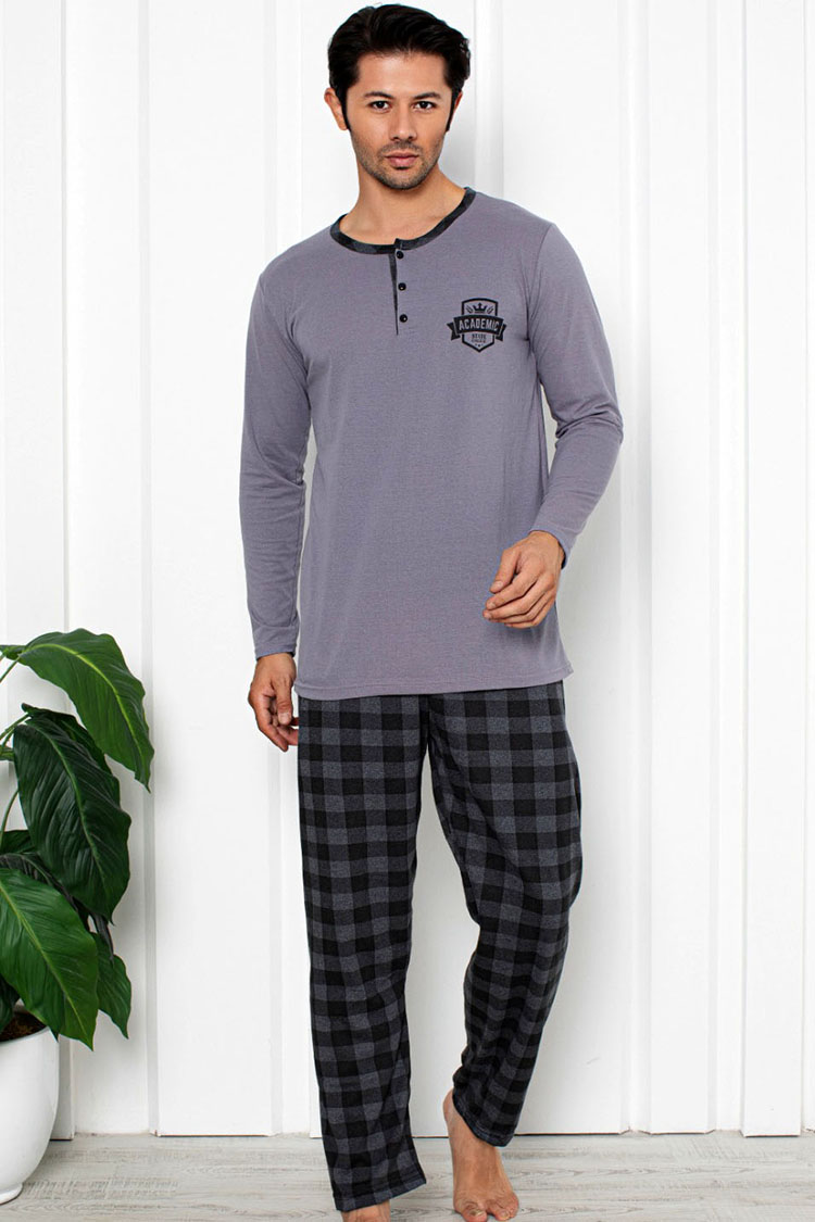 Royalfashion Fialové pánske pyžamo s kockovanými nohavicami