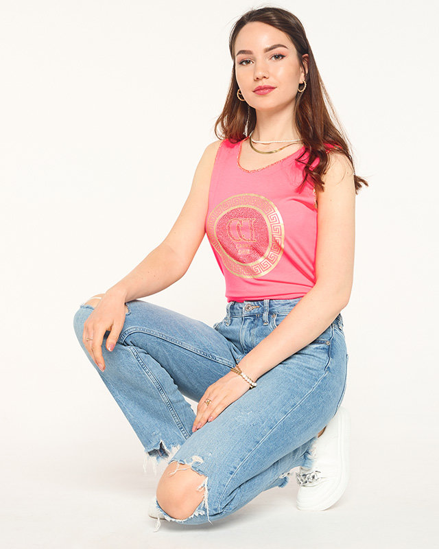Ružová neónová blúzka na ramienka s potlačou a kubickými zirkónmi - Oblečenie