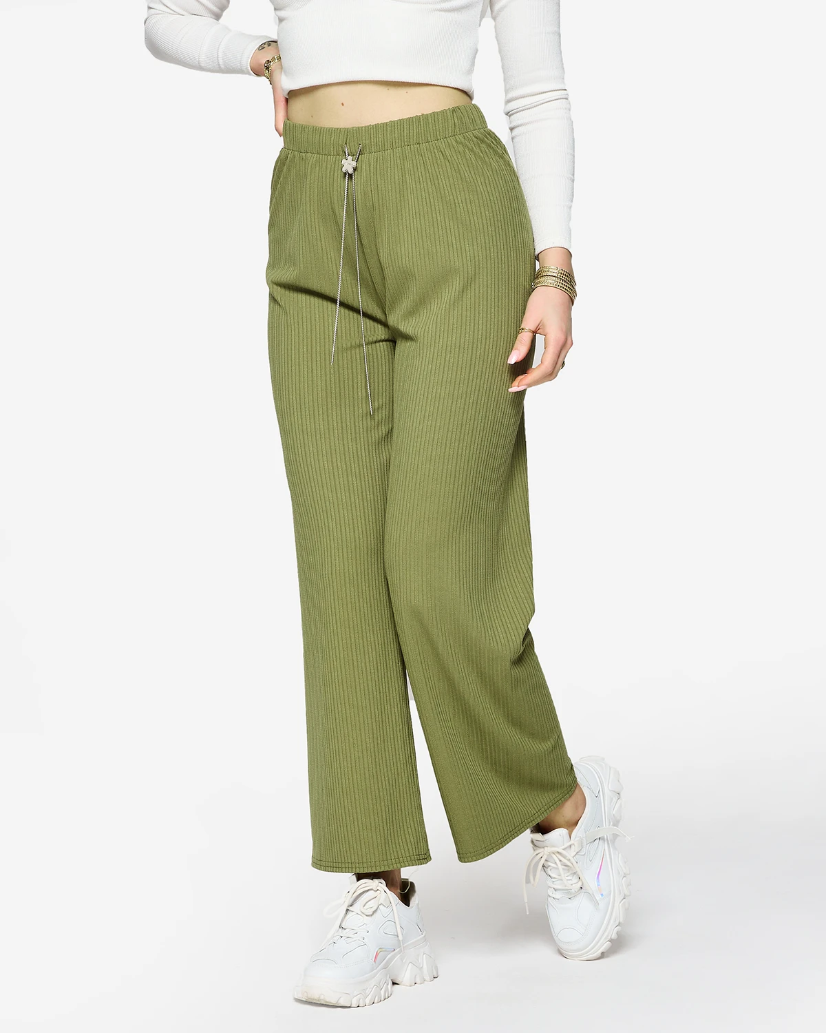 Zelené dámske široké rebrované nohavice - Oblečenie