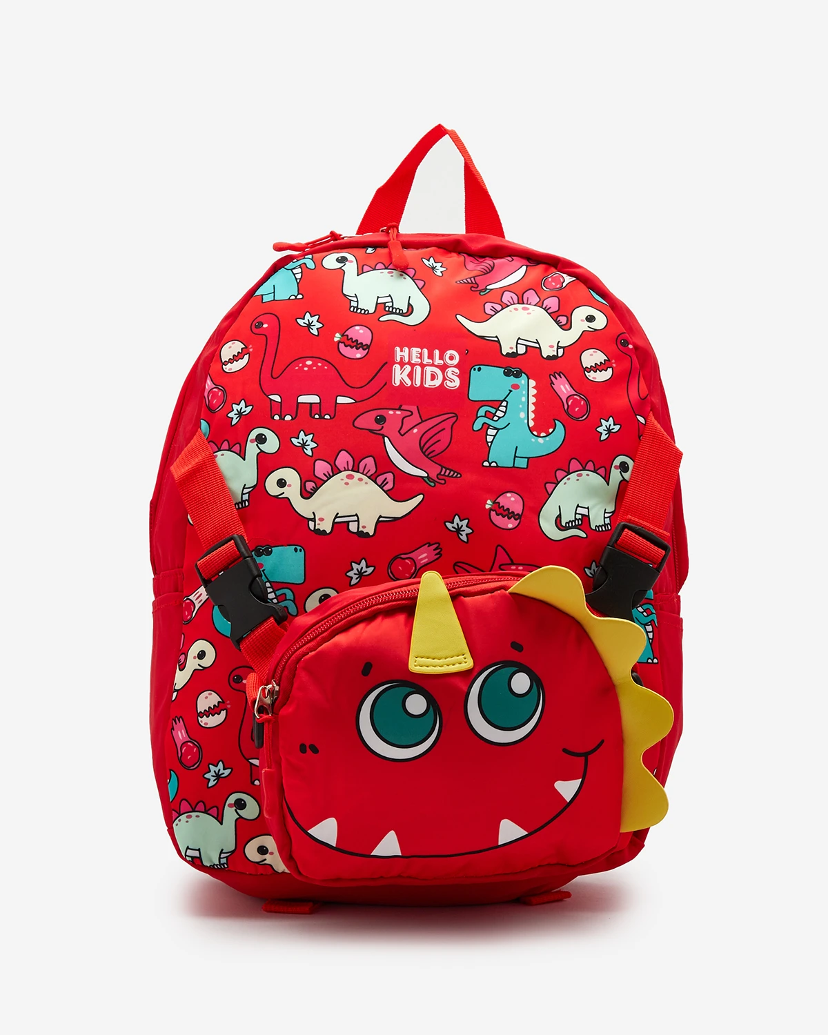 Royalfashion Červený detský ruksak s malou kabelkou a potlačou dinosaurov