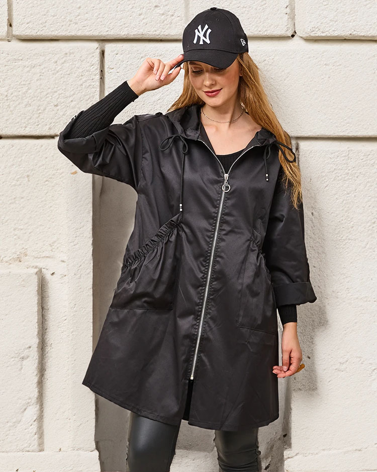 Čierna dámska kabátová bunda s kapucňou- Oblečenie