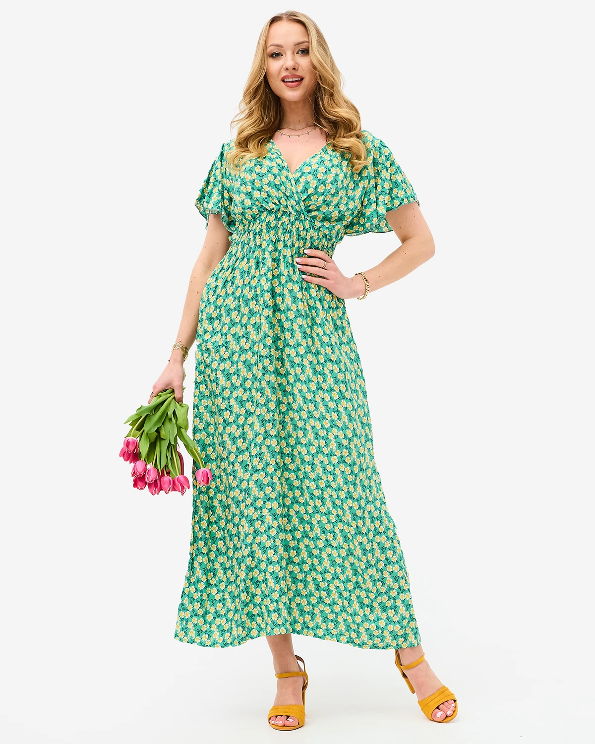 Dámske zelené midi šaty so žltým kvetinovým motívom - Oblečenie