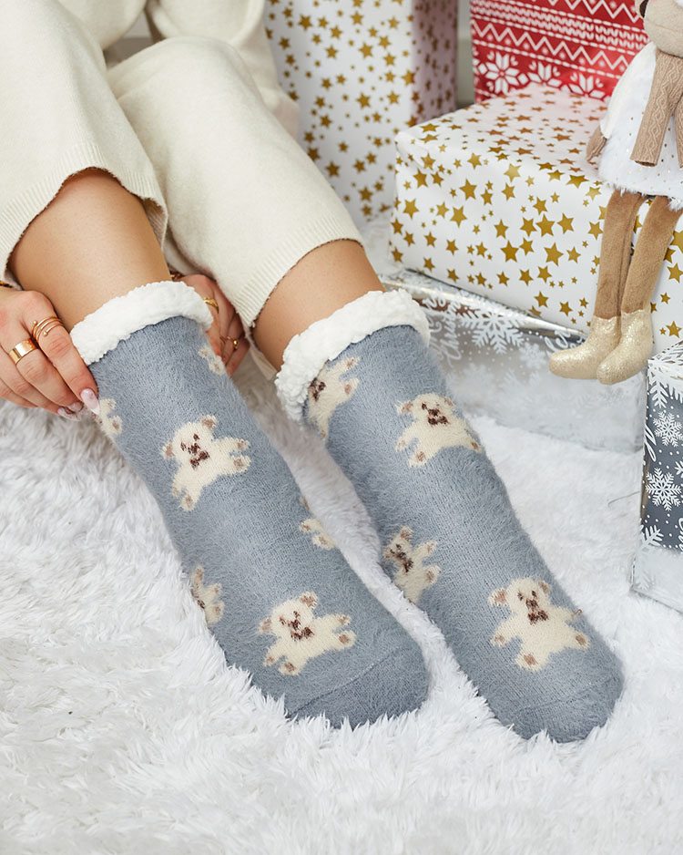 Royalfashion Zateplené sivé dámske ponožky s medvedíkmi