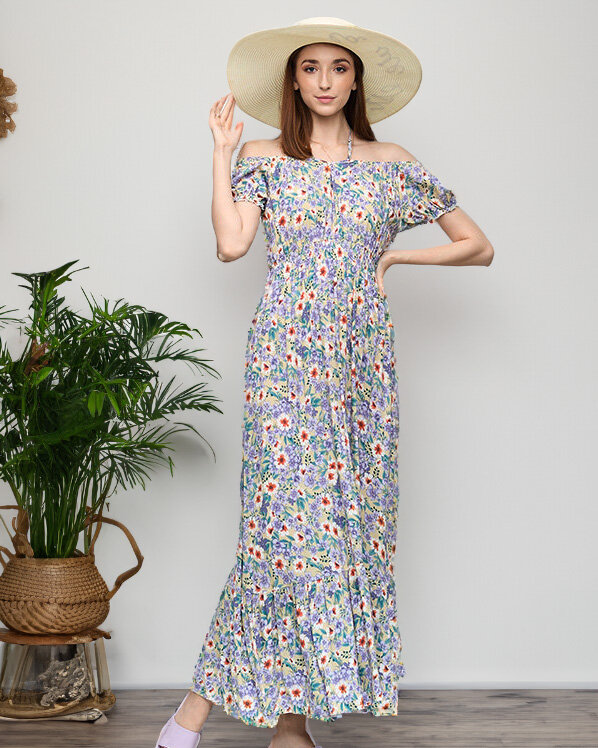 Dlhé letné zelené šaty pre ženy s fialovými kvetmi - Oblečenie