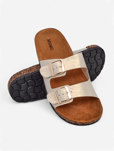 Ženski zlati sandali Ariadne Eco z ravnim podplatom za poletje