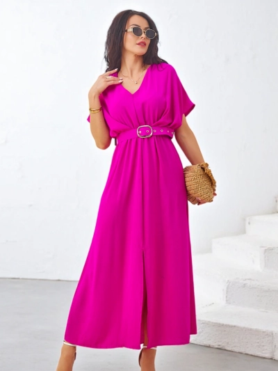 Royalfashion Dámske midi šaty s krátkymi rukávmi, výstrihom do V a stredným rozparkom