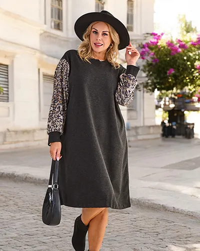 Royalfashion Dámska látková šaty s ozdobnými rukávmi VEĽKOSŤ PLUS