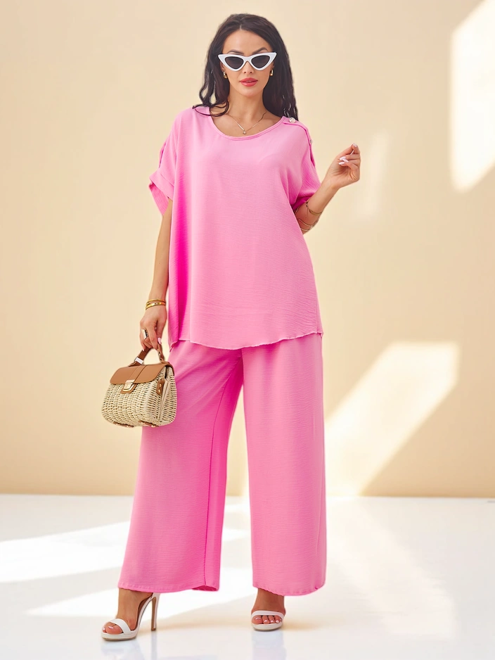 Royalfashion Dámsky bavlnený set s krátkymi rukávmi a širokými nohavicami