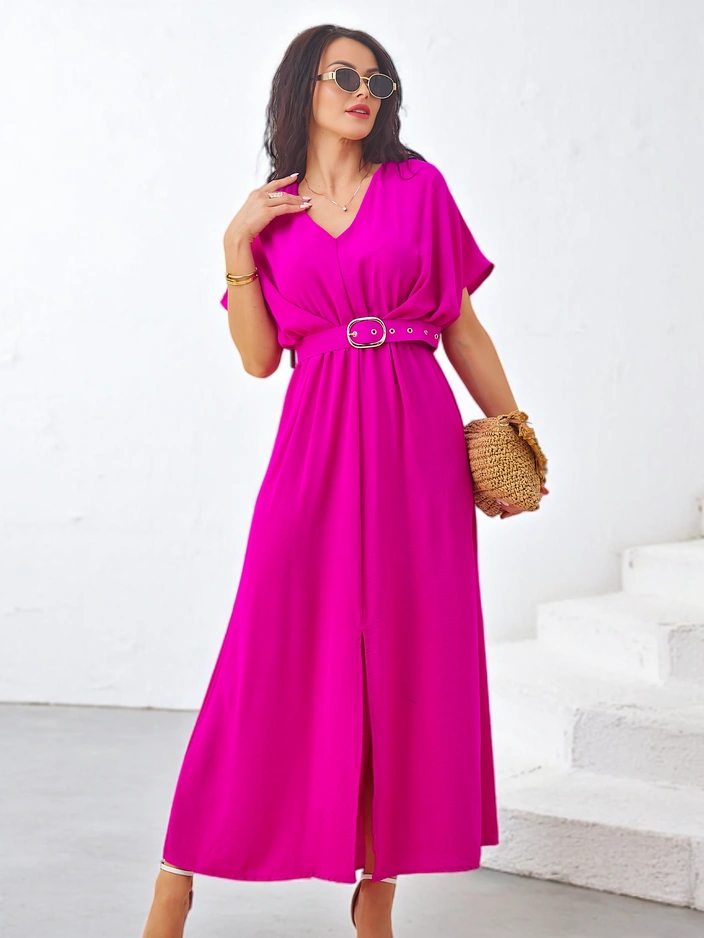 Royalfashion Dámske midi šaty s krátkymi rukávmi, výstrihom do V a stredným rozparkom