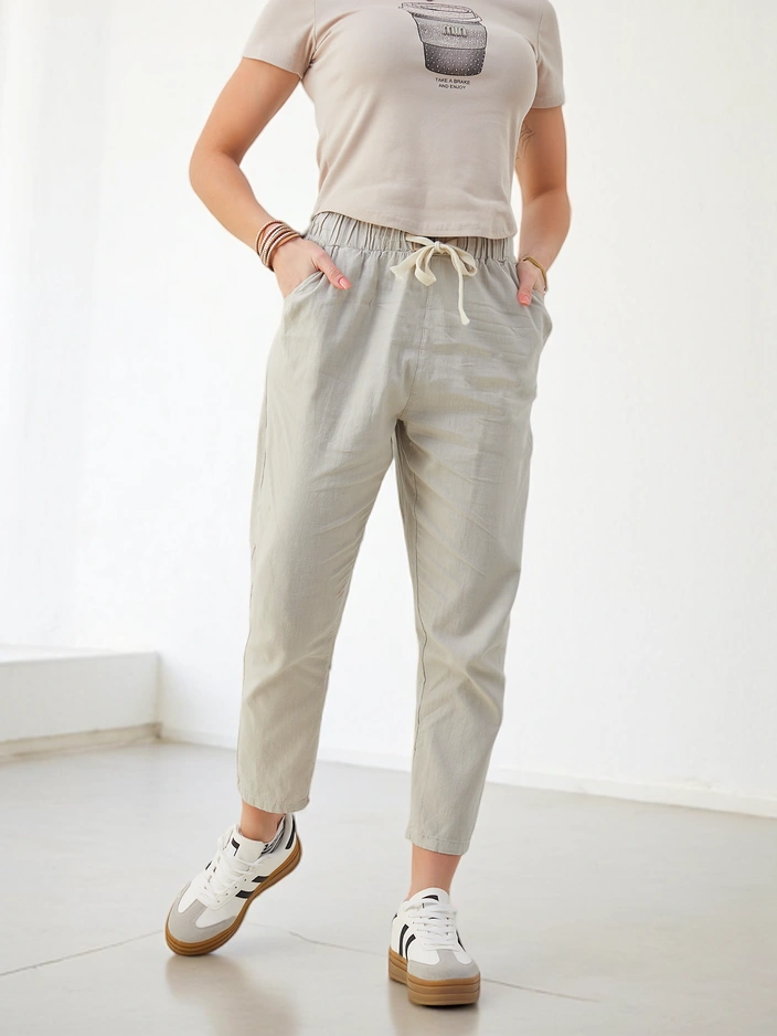 Kráľovská móda Bavlnené rovné nohavice pre ženy s opaskom v páse