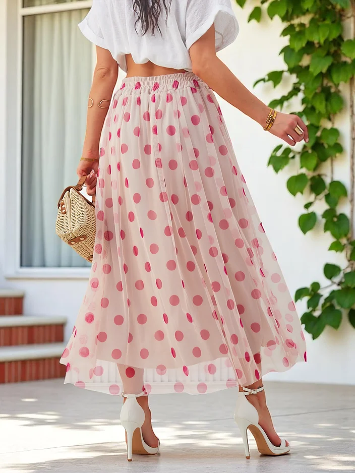 Royalfashion Dámska viskózová midi sukňa s bodkovaným tylom