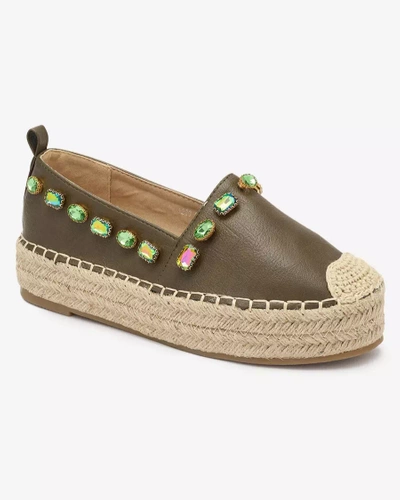 Dámske espadrilky s kryštálmi v khaki zelenej farbe - Obuv