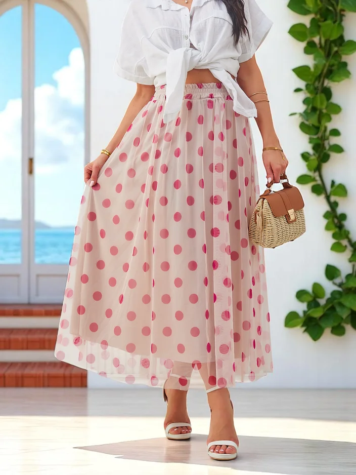 Royalfashion Dámska viskózová midi sukňa s bodkovaným tylom