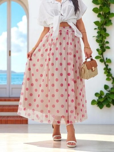 Royalfashion Dámska viskózová midi sukňa s bodkovaným tylom