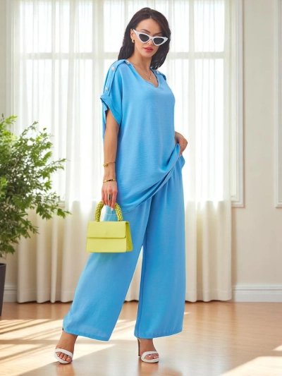 Royalfashion Dámsky bavlnený set s krátkymi rukávmi a širokými nohavicami