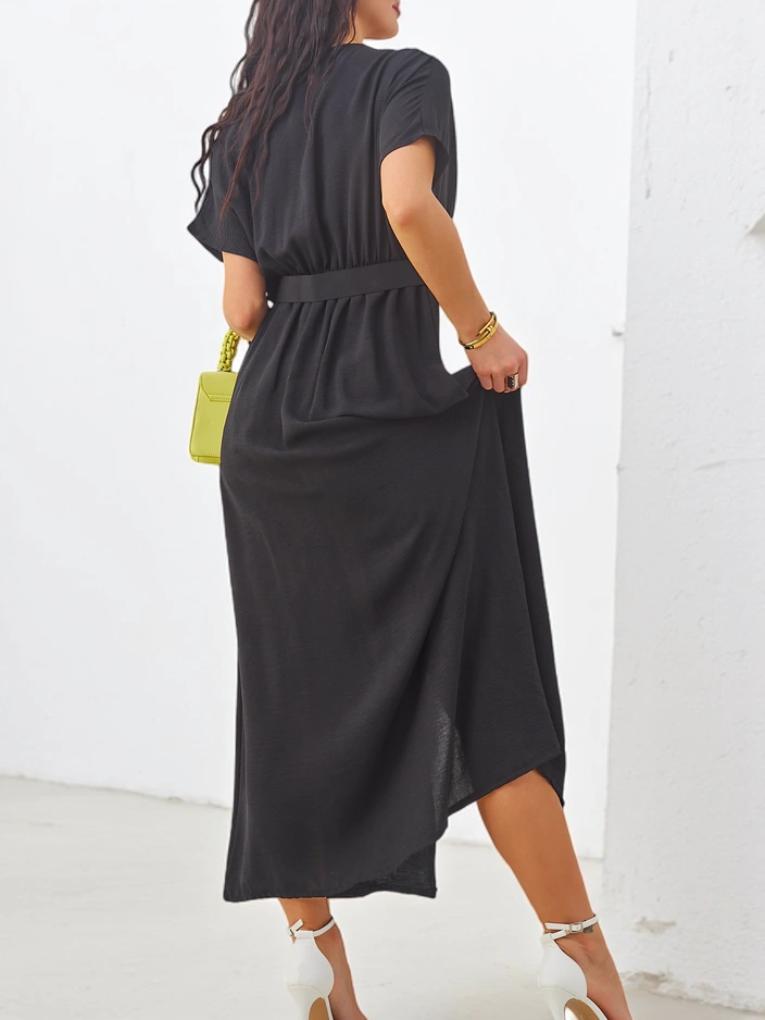 Royalfashion Dámske midi šaty s krátkymi rukávmi, výstrihom do V a rozparkom v strede