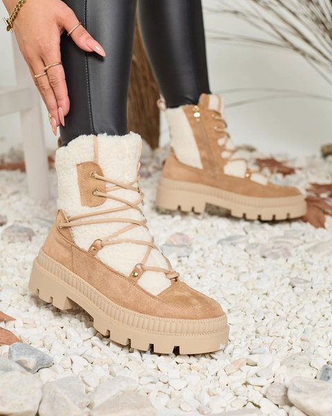 Royalfashion Béžové dámske trapperské čižmy s ovčou kožou Getatsa
