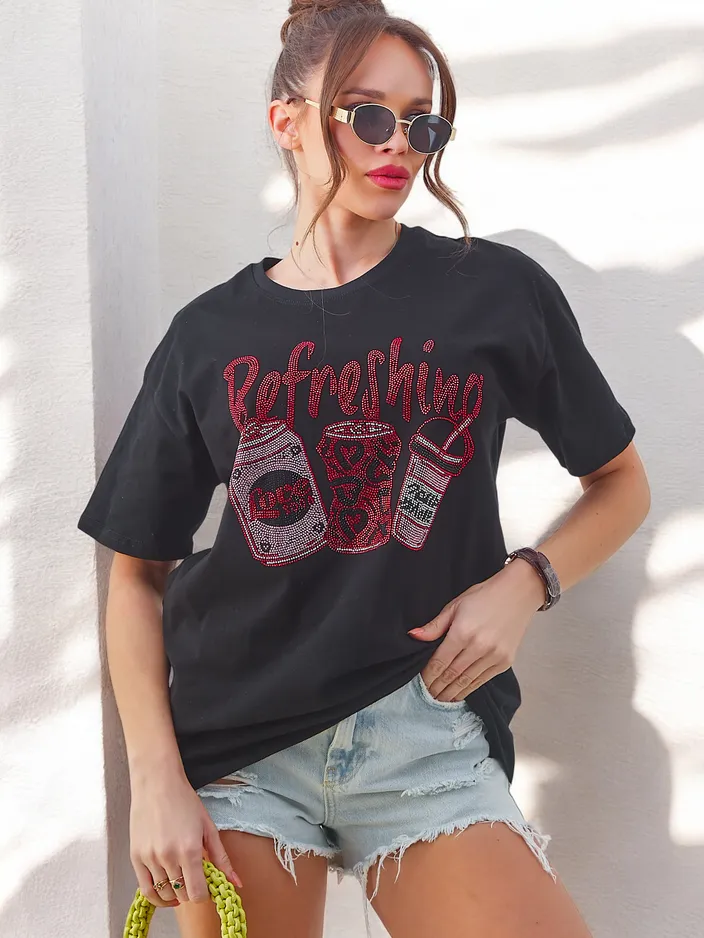 Royalfashion Dámske bavlnené tričko s potlačou z kamienkov