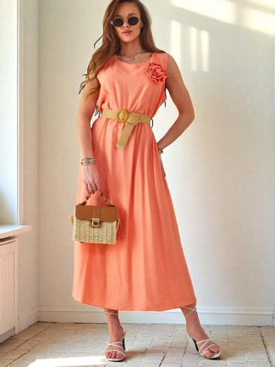 Royalfashion Dámske midi šaty s ramienkami, s okrúhlym výstrihom a dekoračnou kvetinou