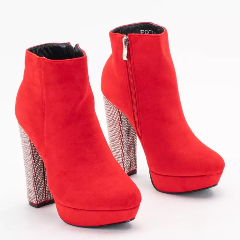 Červené dámske členkové čižmy na vysokom opätku s kubickými zirkónmi Tatinka - Obuv