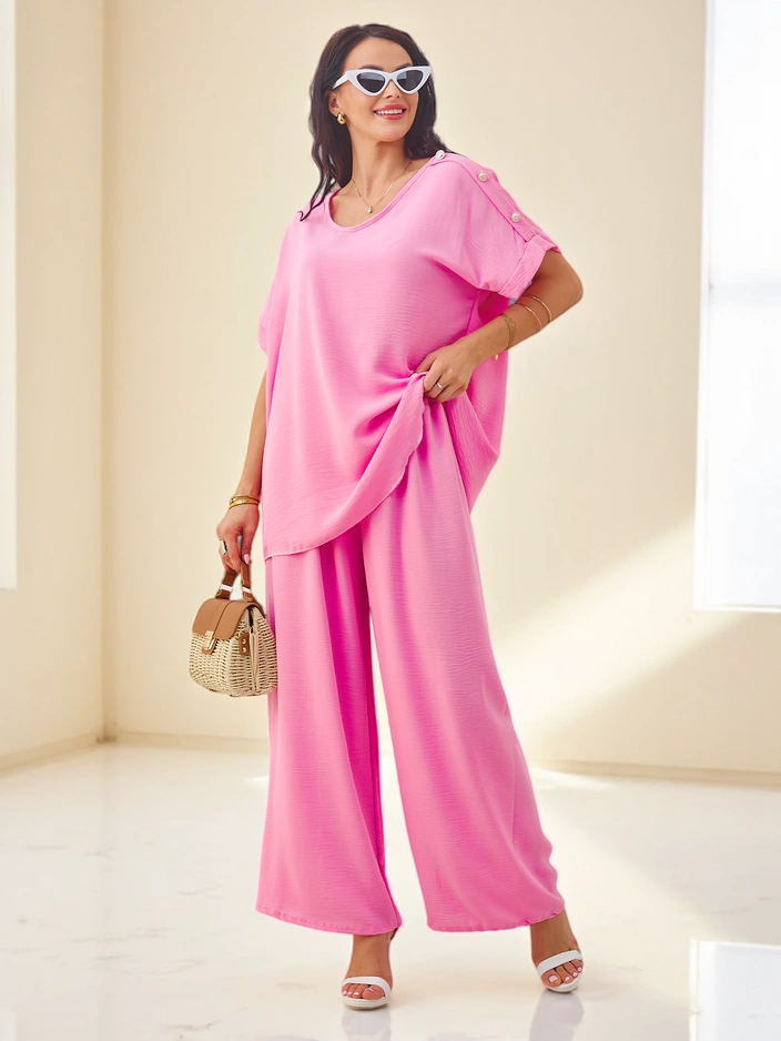 Royalfashion Dámsky bavlnený set s krátkymi rukávmi a širokými nohavicami