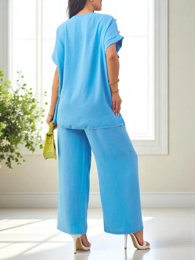 Royalfashion Dámsky bavlnený set s krátkymi rukávmi a širokými nohavicami