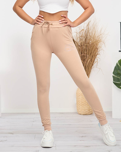 Dámske béžové tepláky s kubickými zirkónmi - Oblečenie