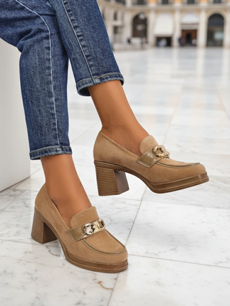 Ženski Loafers Perseida – svetlo rjavi semiš s peto elegantni