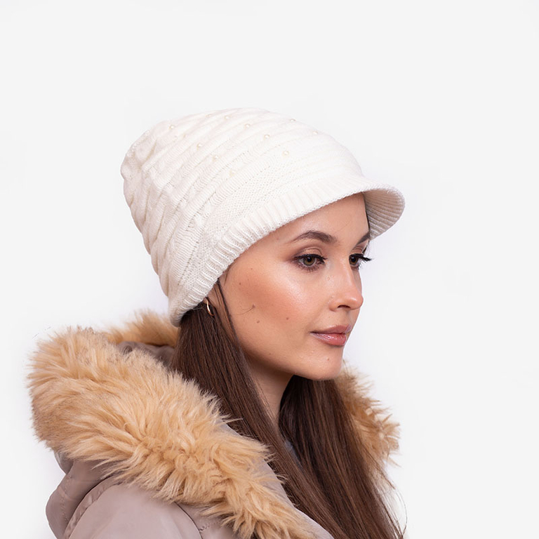 Dámsky biely teplý klobúk s perličkami - Doplnky