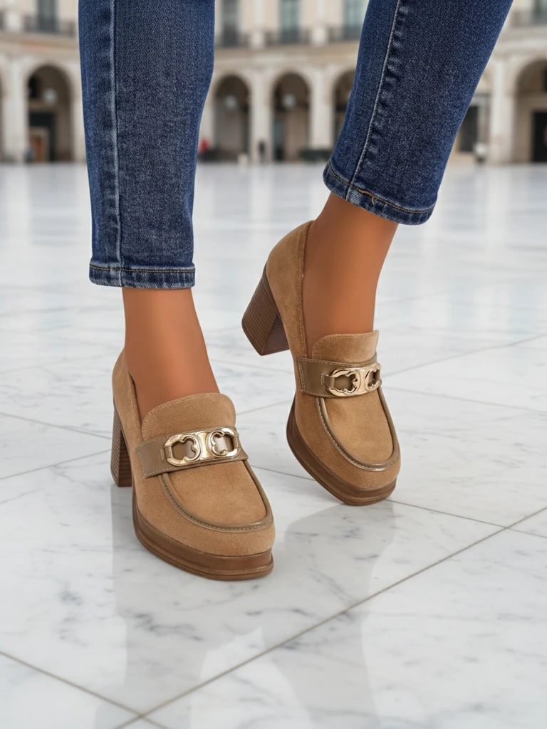 Ženski Loafers Perseida – svetlo rjavi semiš s peto elegantni