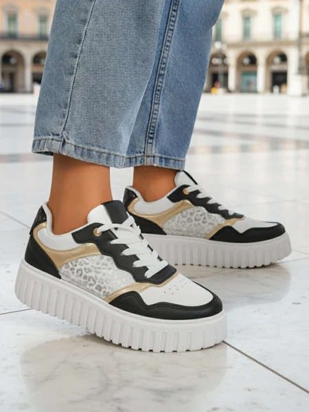 Ženski športni copati Royalfashion Callista platforma črni eko usnje velikost 40