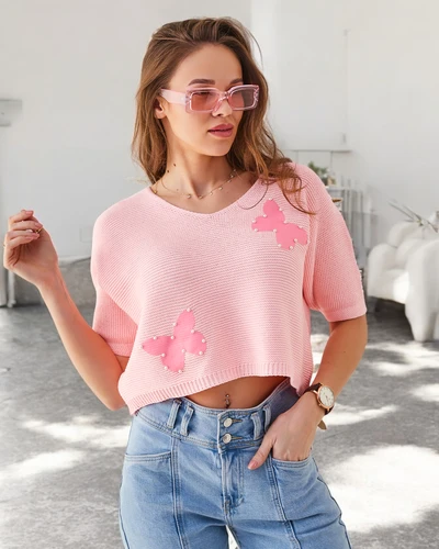 Royalfashion Dámsky bavlnený krátky sveter s motýlikmi