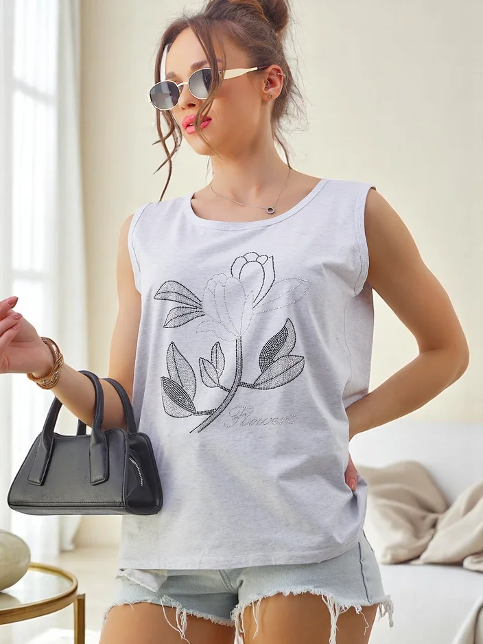 Royalfashion Bavlnený dámsky top bez rukávov s kamienkami KVETY