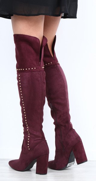 Bordowe kozaki na słupku - Obuwie