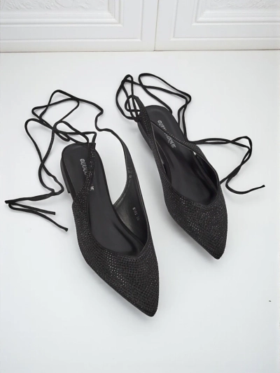 Sandali Damiane Nero - Črne balerinke z vezalkami iz blaga, nizka peta