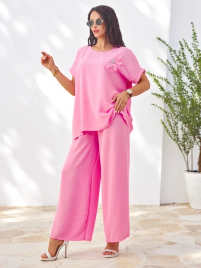 Royalfashion Dámsky set s krátkym rukávom s dekoratívnou kvetinou a širokými nohavicami