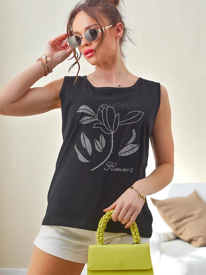 Royalfashion Bavlnená dámska tielko s kamienkami KVETY