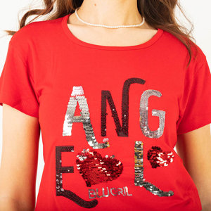 Červené dámske tričko s flitrovým nápisom - Clothing