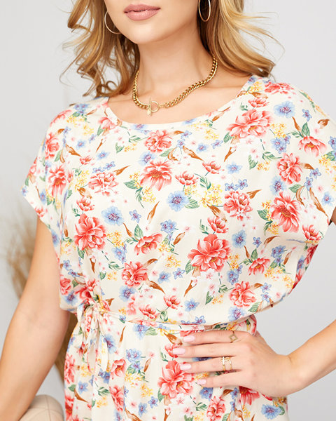 Dámske béžové jednoduché šaty s kvetinovým vzorom - Oblečenie