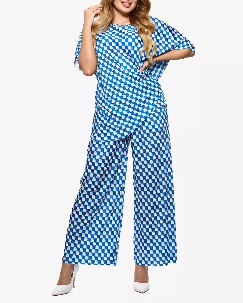 Modrý dámsky vzorovaný plisovaný komplet - Oblečenie