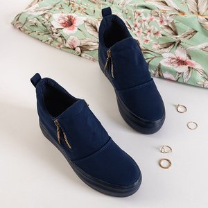 OUTLET Námornícke modré dámske topánky so zakrytým klinovým podpätkom so zlatými zipsami Leonita - Obuv