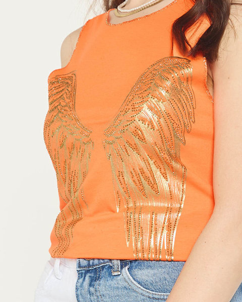 Oranžový dámsky top s potlačou zlatých krídel - Oblečenie