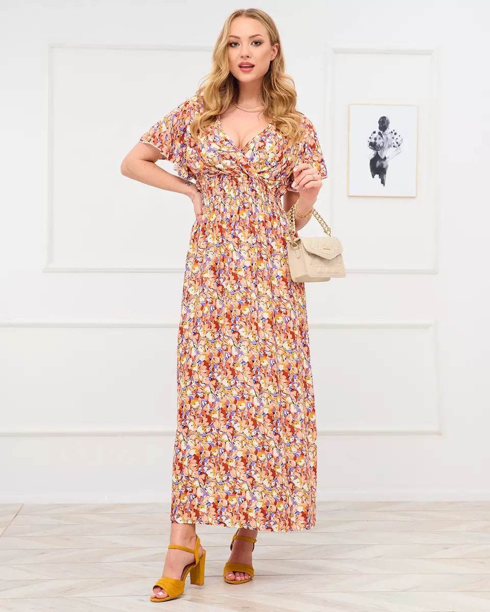 Svetlohnedé dámske kvetované maxi šaty - Oblečenie
