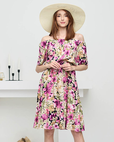 Tmavoružové šaty po kolená s viacfarebným kvetinovým vzorom - Oblečenie