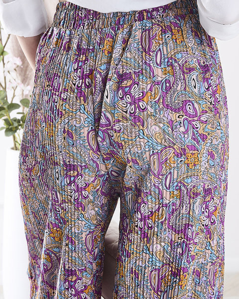 Vzorované dámske nohavice so širokými nohavicami vo fialovej farbe - Oblečenie