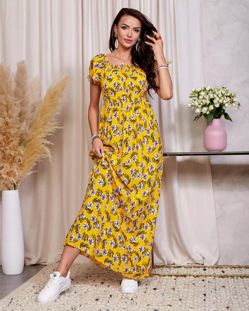 Žlté dámske kvetinové midi šaty - Oblečenie